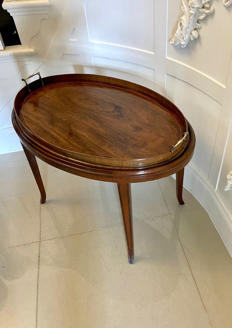 Large Antique Edwardian Oval Quality Figured Mahogany Tea Tray on Stand - Image 4